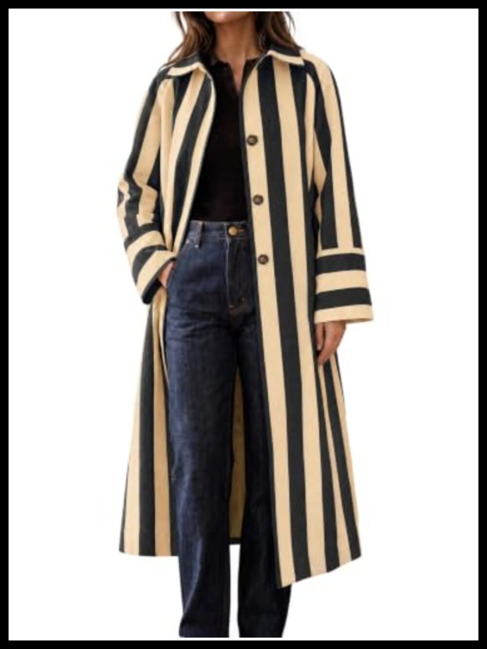 Women's Striped Oversized Long Trench Coat Single Breasted